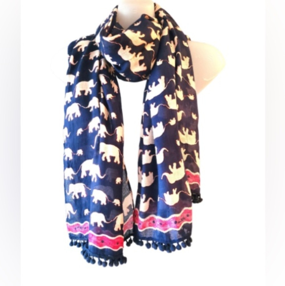 Ann Taylor loft, Navy and Pink Elephant Print Scarf with pom-pom fringe